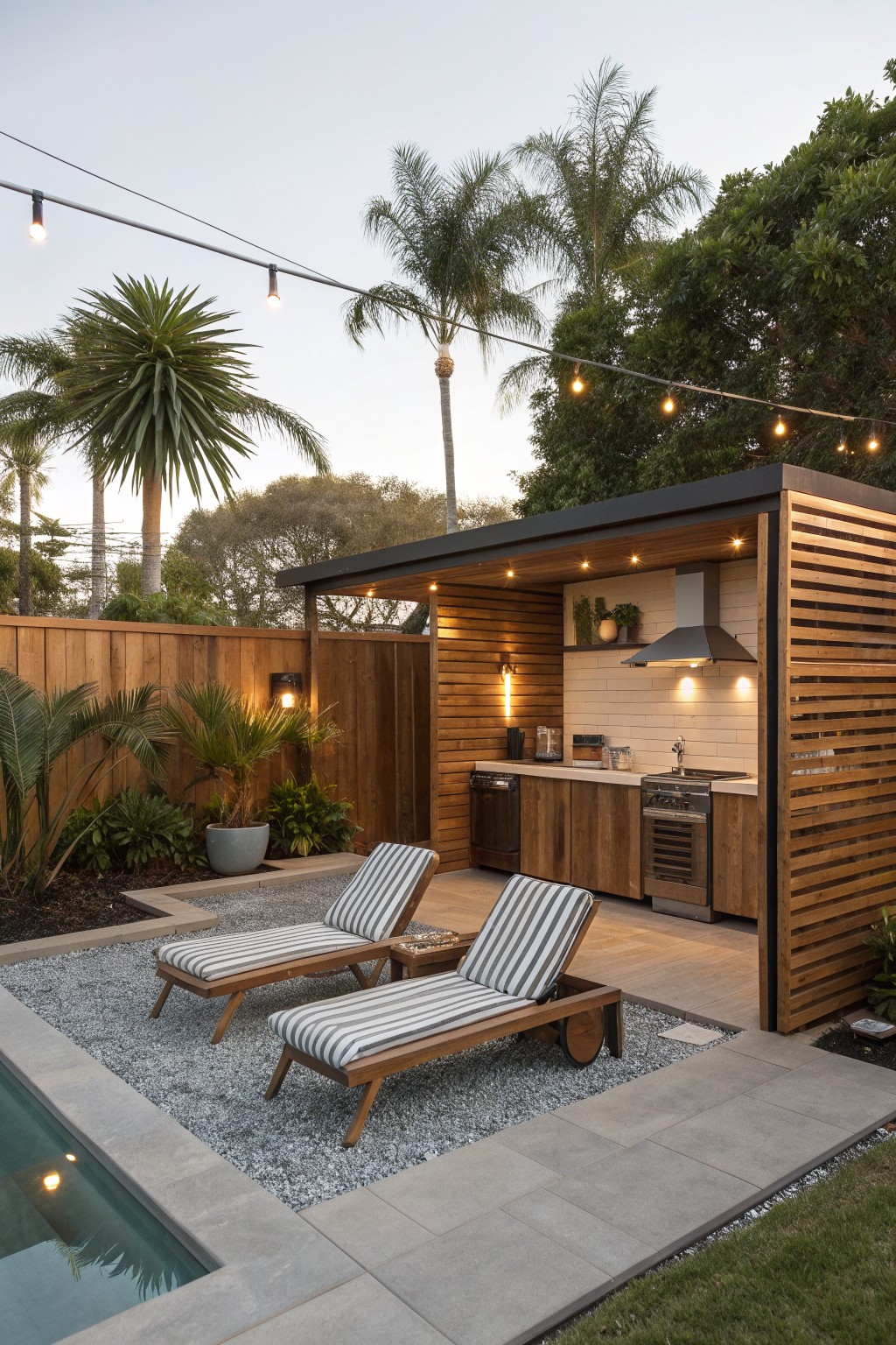 An outdoor kitchen with wood cabinets and a cedar slat screen beside a gravel patio with two striped lounge chairs and a swimming pool in the foreground.