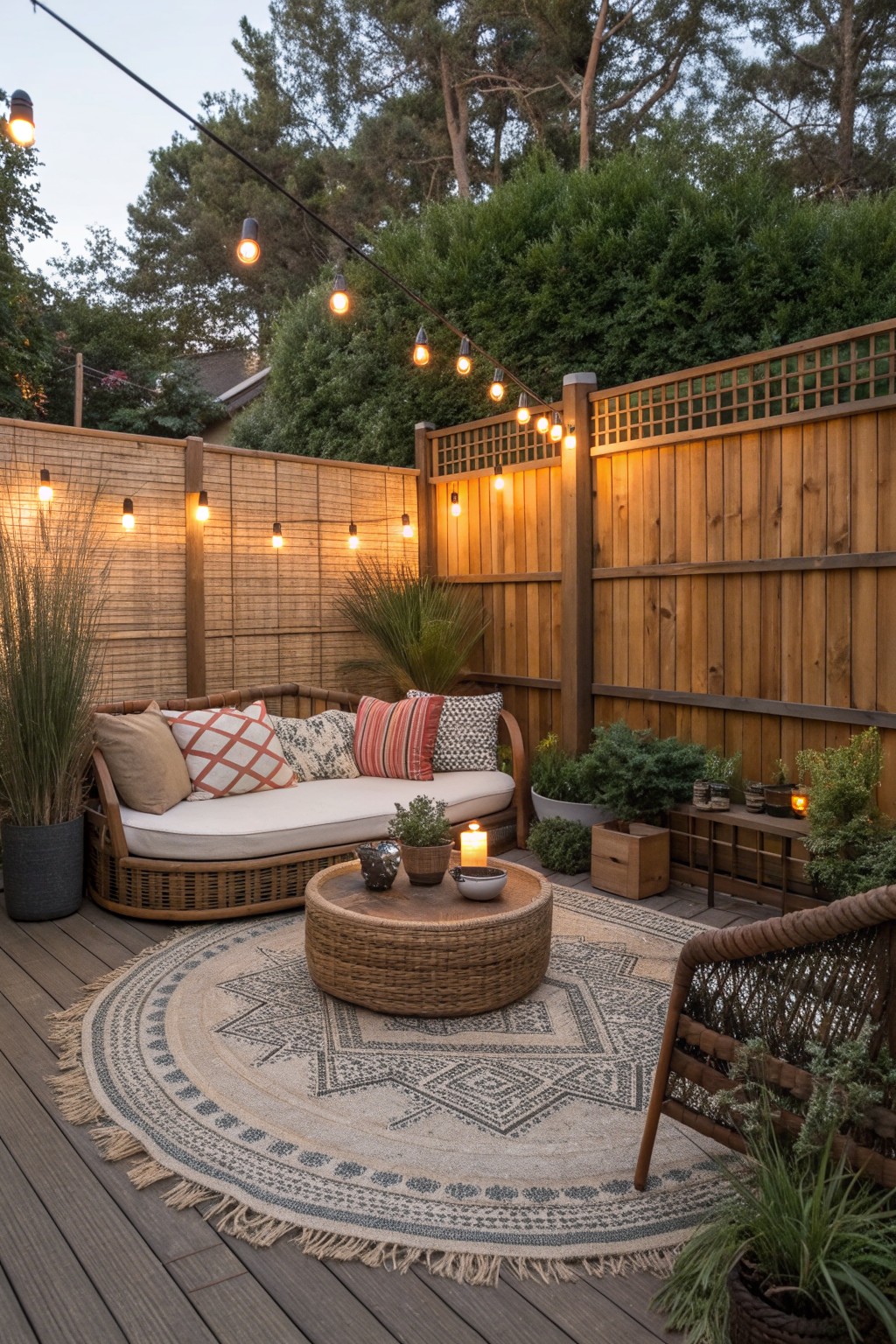 A wooden deck patio enclosed by vertical cedar fencing and reed screening, with string lights, a round daybed, woven coffee table, and area rug.