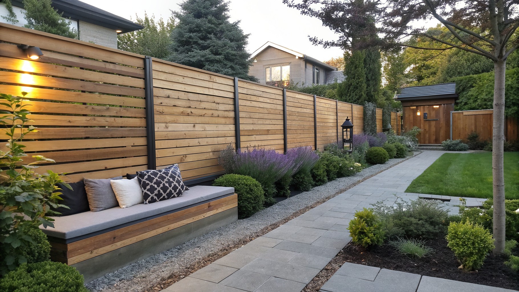 A long horizontal cedar fence runs beside a gravel path with stone pavers, a wooden bench with cushions, and a border of lavender and green shrubs.