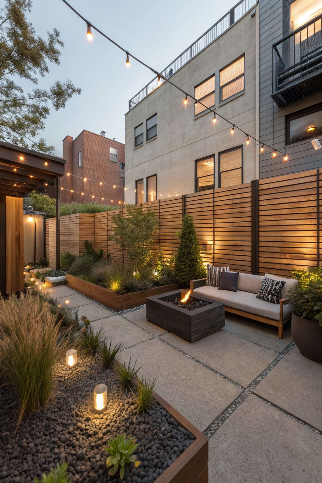 An outdoor patio enclosed by a horizontal cedar privacy fence, with a concrete fire pit, sofa, and string lights at dusk.