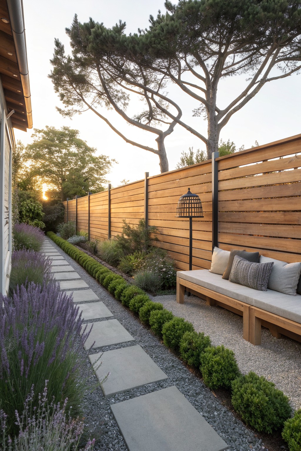 A long horizontal cedar fence runs beside a gravel path with stone pavers, a wooden bench with cushions, and a border of lavender and green shrubs.