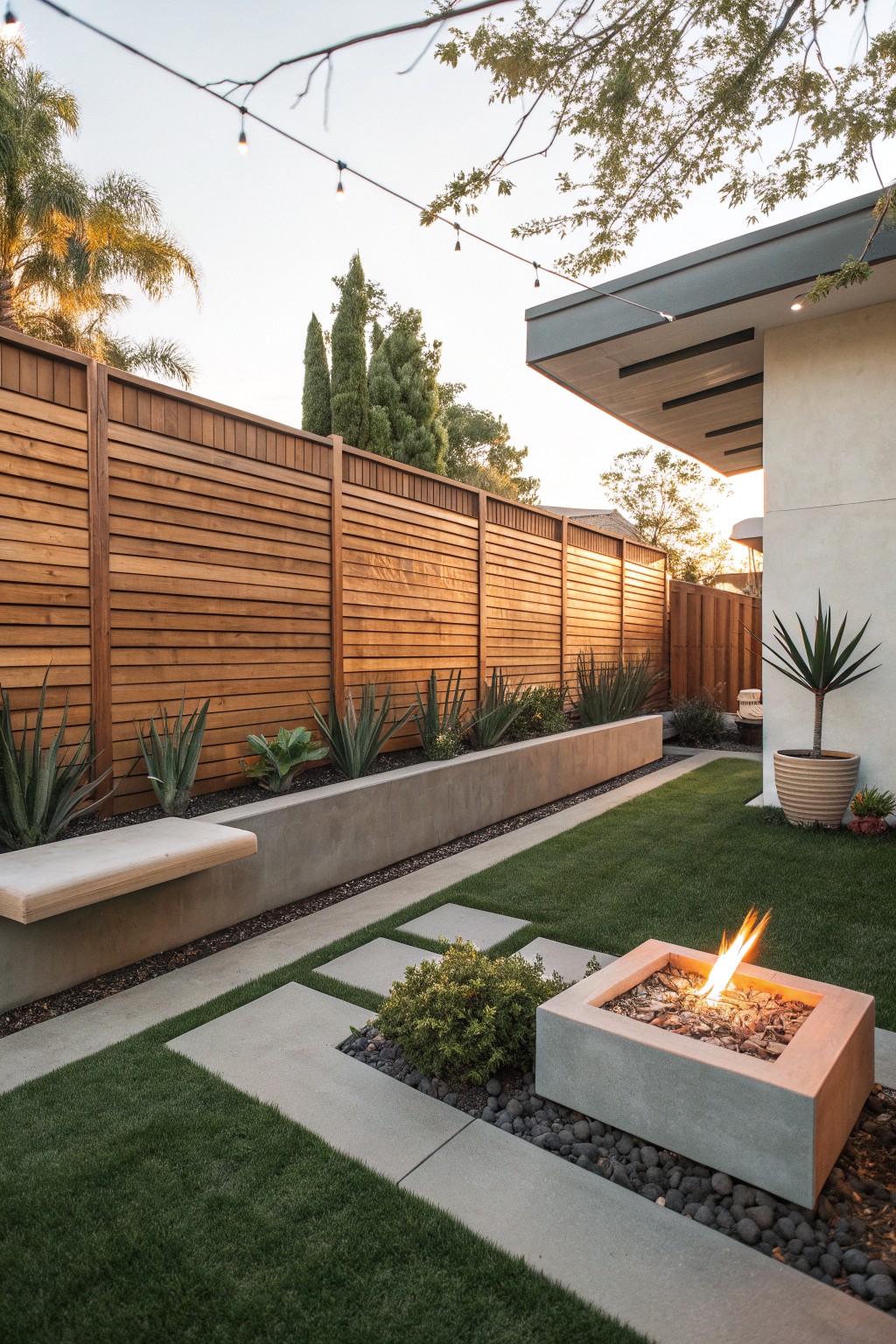Backyard scene with a long horizontal cedar privacy fence, raised concrete planters holding agave plants, square concrete fire pit on gravel, and stepping stones across a lawn.