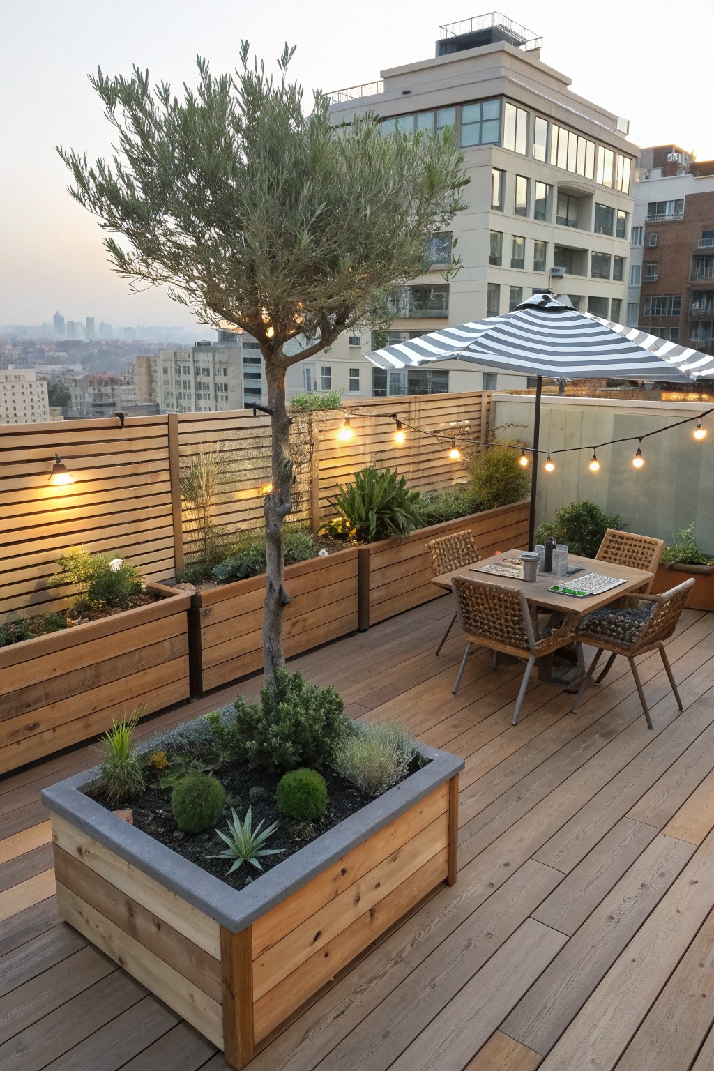 Rooftop deck with horizontal cedar privacy fence, raised wooden planters, outdoor dining table with chairs, and string lights at dusk.