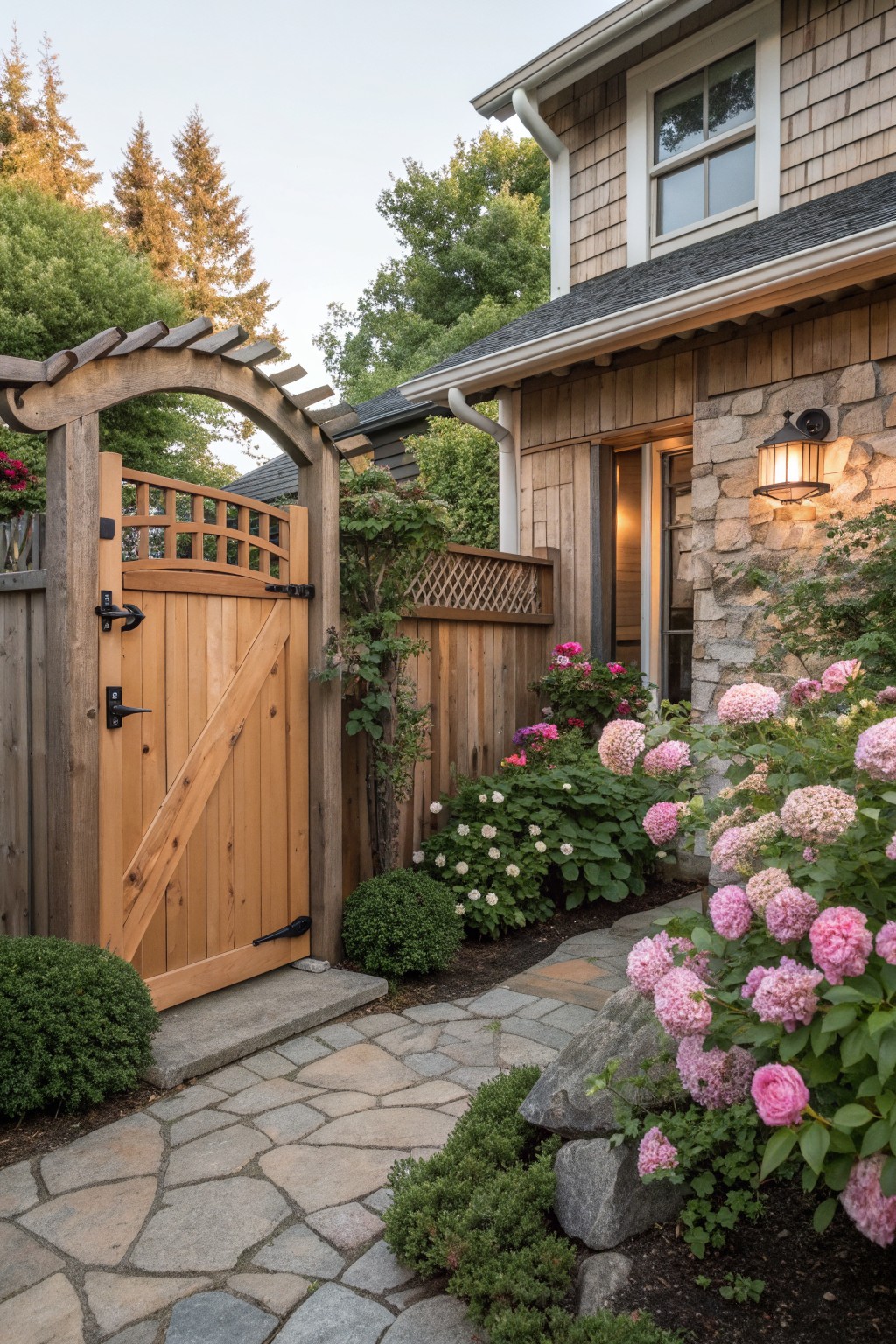 Arched wooden gate opens to stone path beside pink hydrangeas and shingled house
