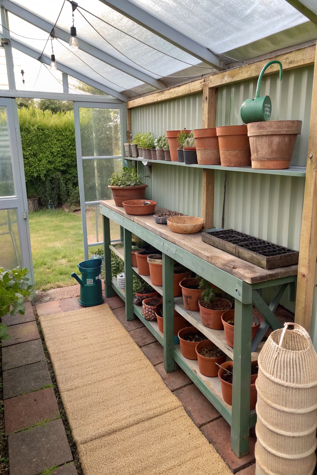 A long green wooden workbench inside a greenhouse with multiple shelves holding terracotta pots, a seed tray, and gardening supplies.