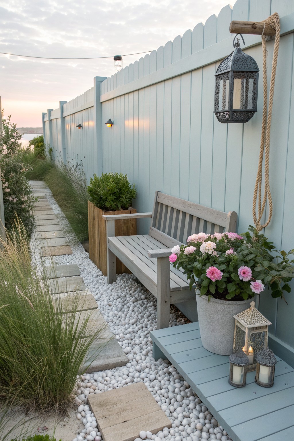 A wooden bench with potted pink flowers sits against a light blue fence on white pebbles beside a gravel path with wooden stepping stones.