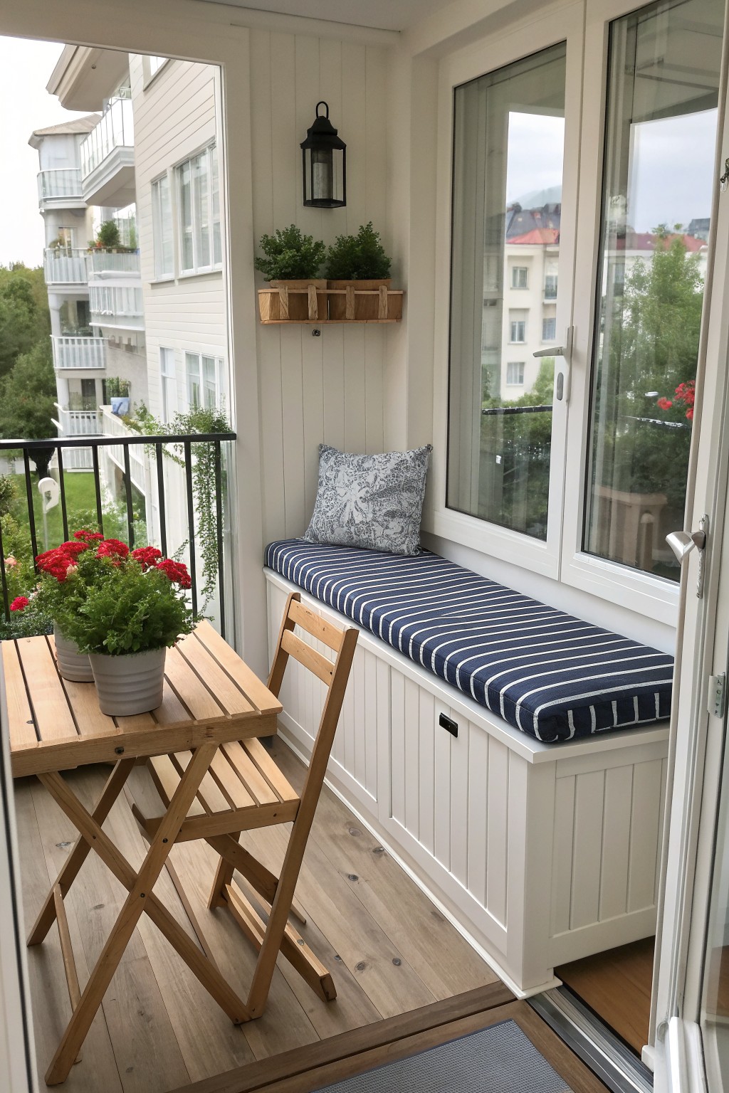 Balcony with blue striped bench, wooden table, chair, and red potted flowers.