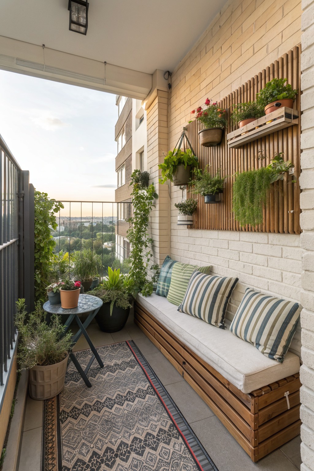 A long wooden bench with a white cushion and striped pillows sits on a balcony against a brick wall with mounted plants and a patterned rug.