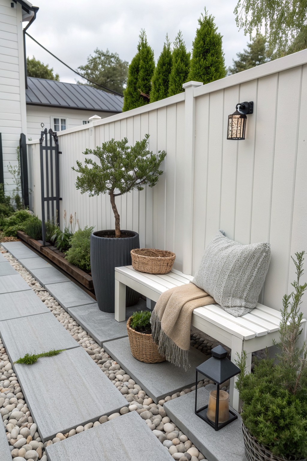 A white wooden bench with a beige throw and gray pillow sits against a white fence, next to a large potted tree and small lanterns on a stone and gravel path.