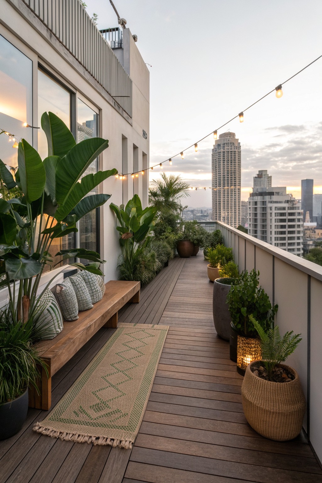 Rooftop wooden deck with potted plants, bench, rug, string lights, and city skyline.