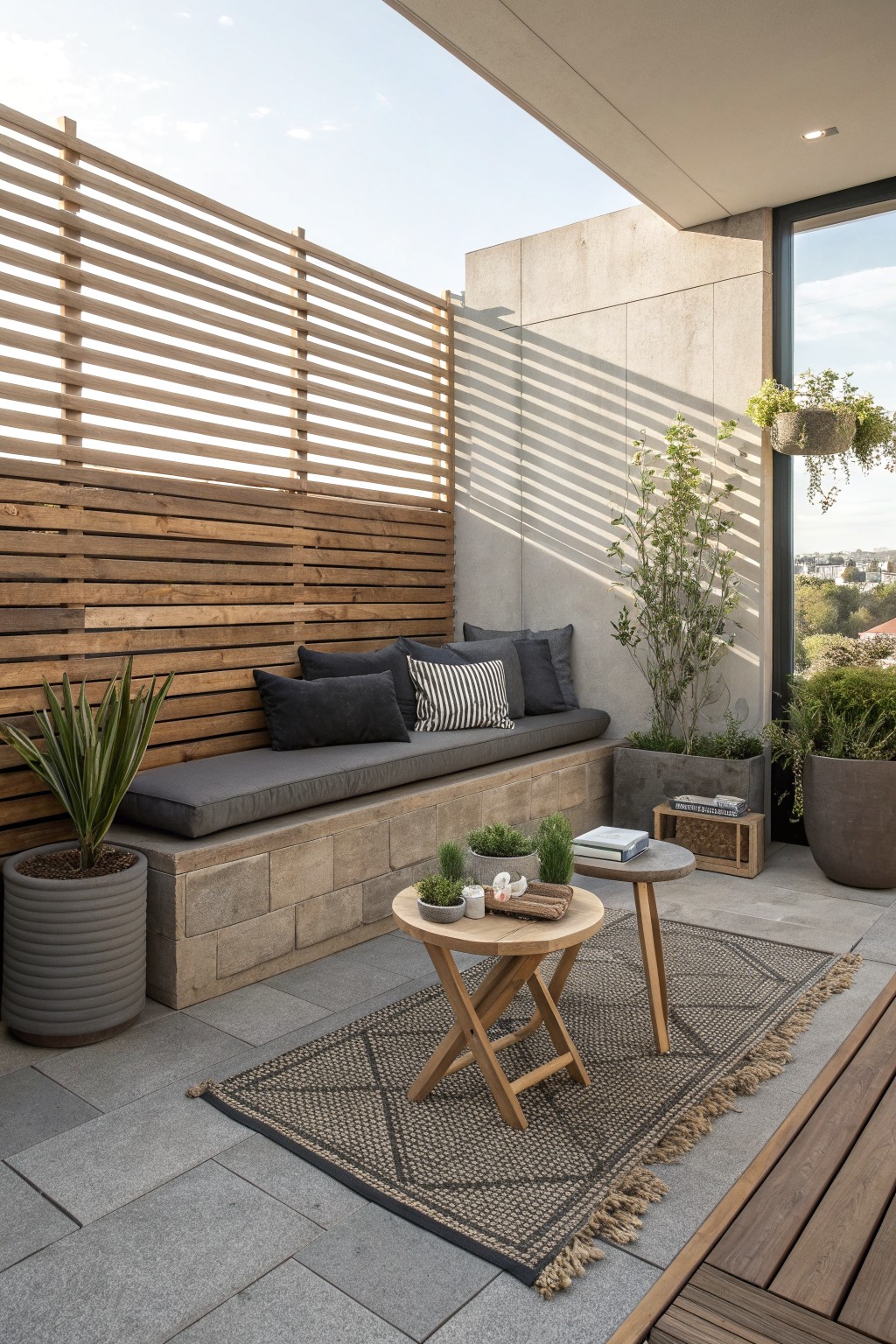 Modern patio with built-in bench, gray cushions, round table, rug, and plants