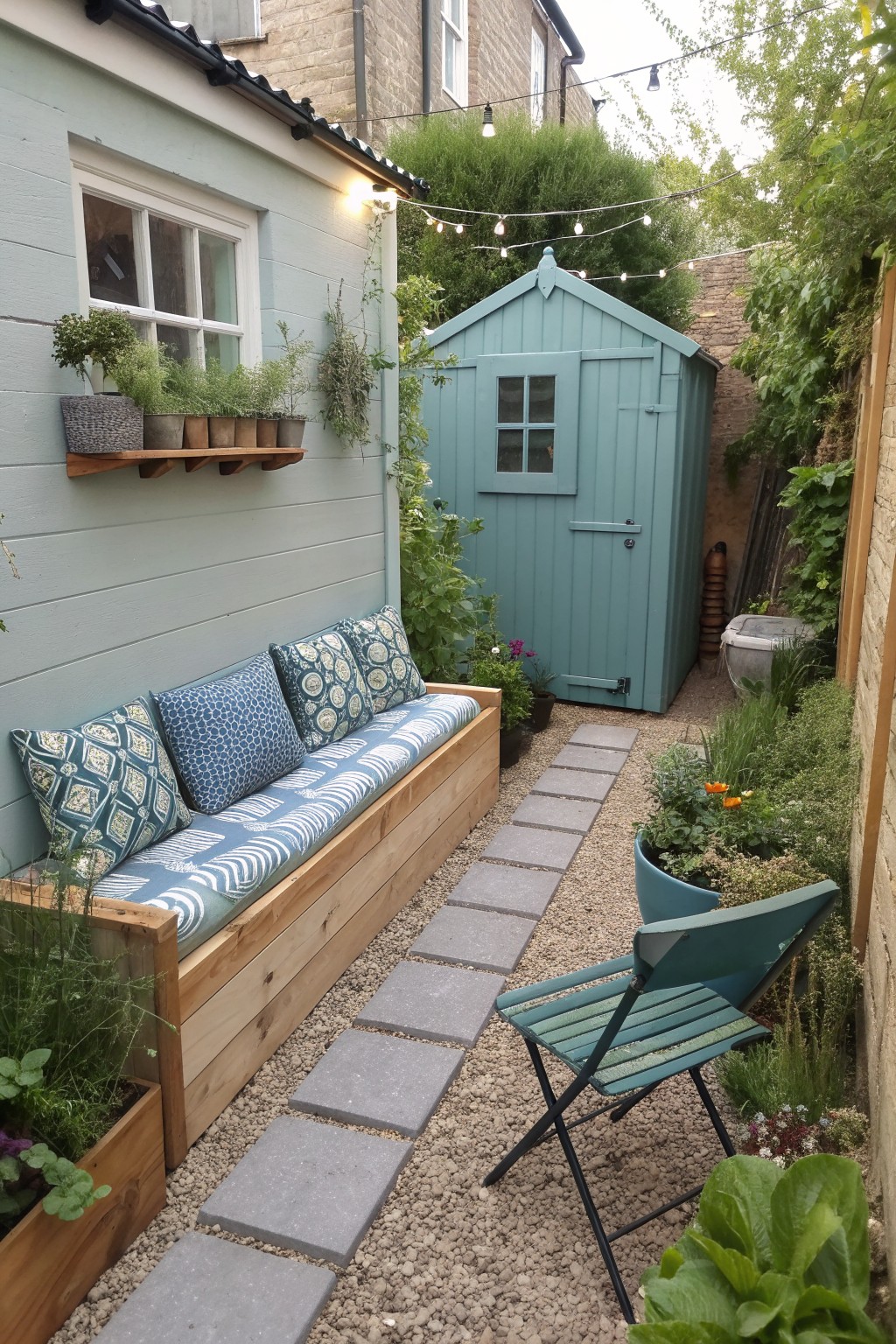 Wooden bench with blue patterned cushions built against a light blue house wall beside a gravel path with gray pavers and a turquoise garden shed in the background.