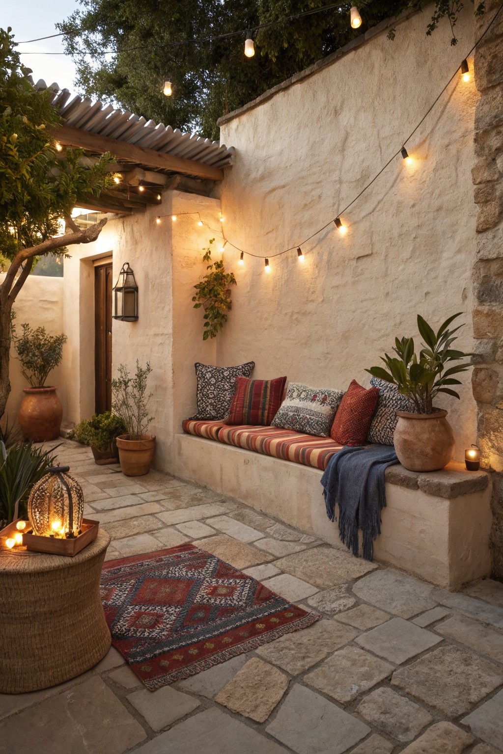 Outdoor patio with a built-in bench along a white stucco wall, colorful cushions, string lights, and potted plants on a stone floor.