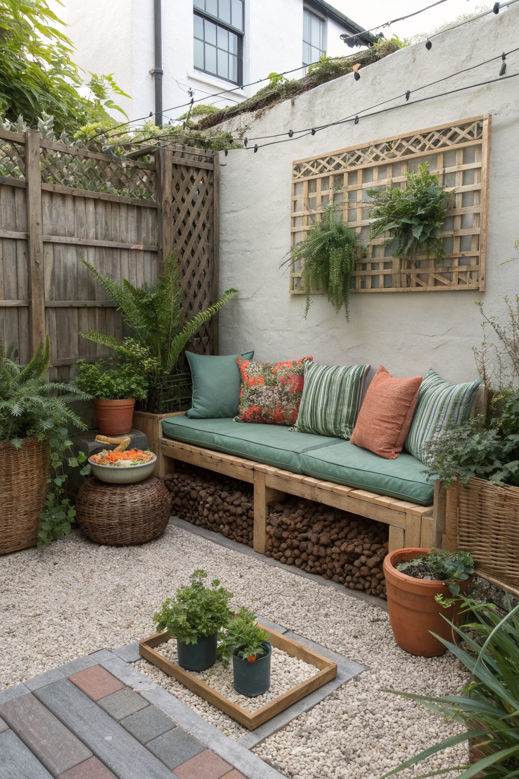 A wooden bench with green cushions and pillows sits against a white wall in a gravel courtyard with potted plants and ferns around it.
