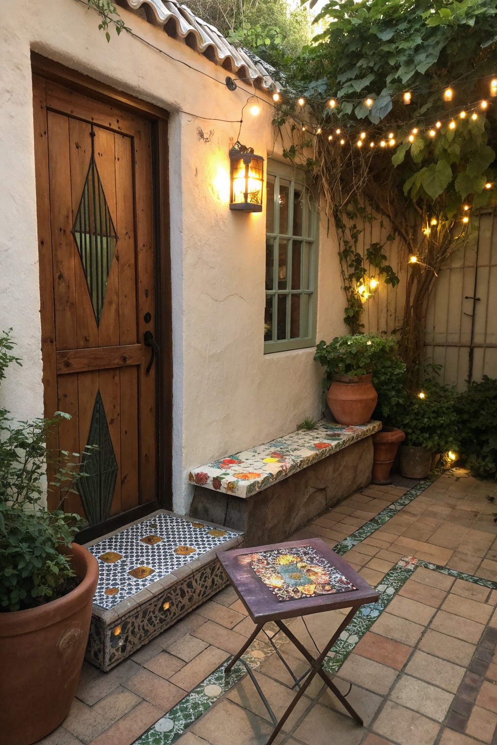 Cozy patio with wooden door, colorful tiled bench, potted plants, and glowing string lights.