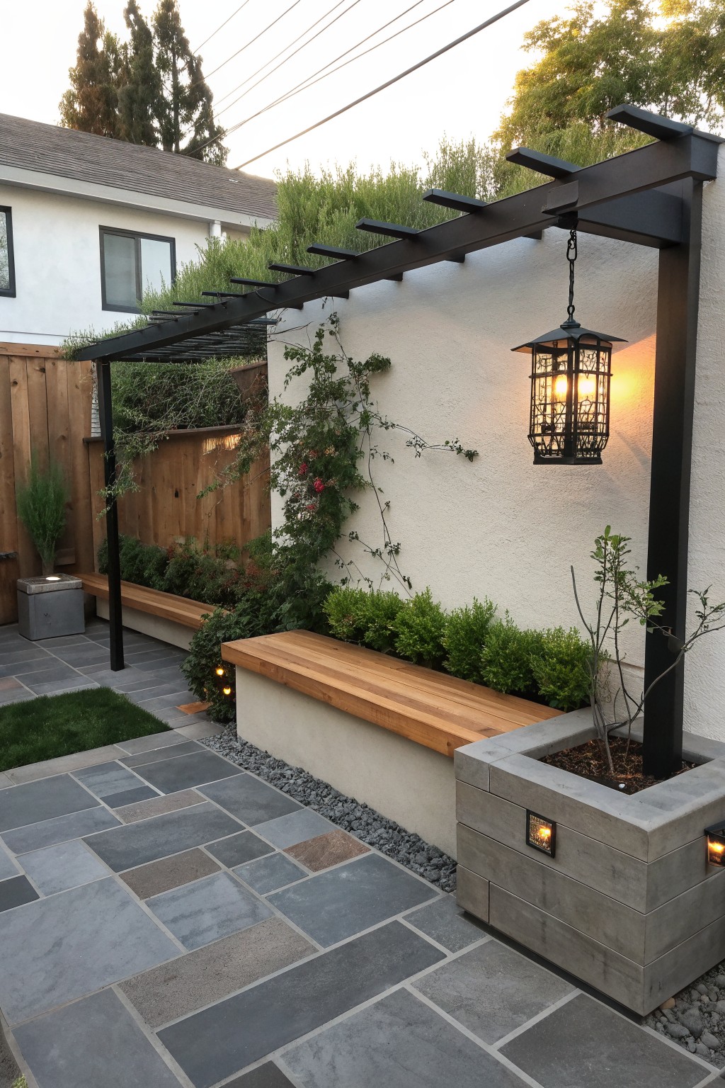 A backyard patio features long wooden benches mounted on concrete planters beneath a black metal pergola, with stone pavers, gravel, and green shrubs visible.