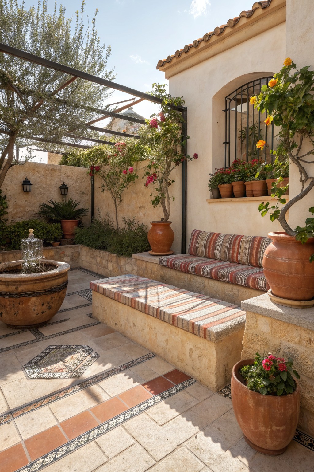 A sunlit courtyard with built-in stone benches covered in striped cushions, terracotta pots with flowers, and a small fountain on a tiled floor.