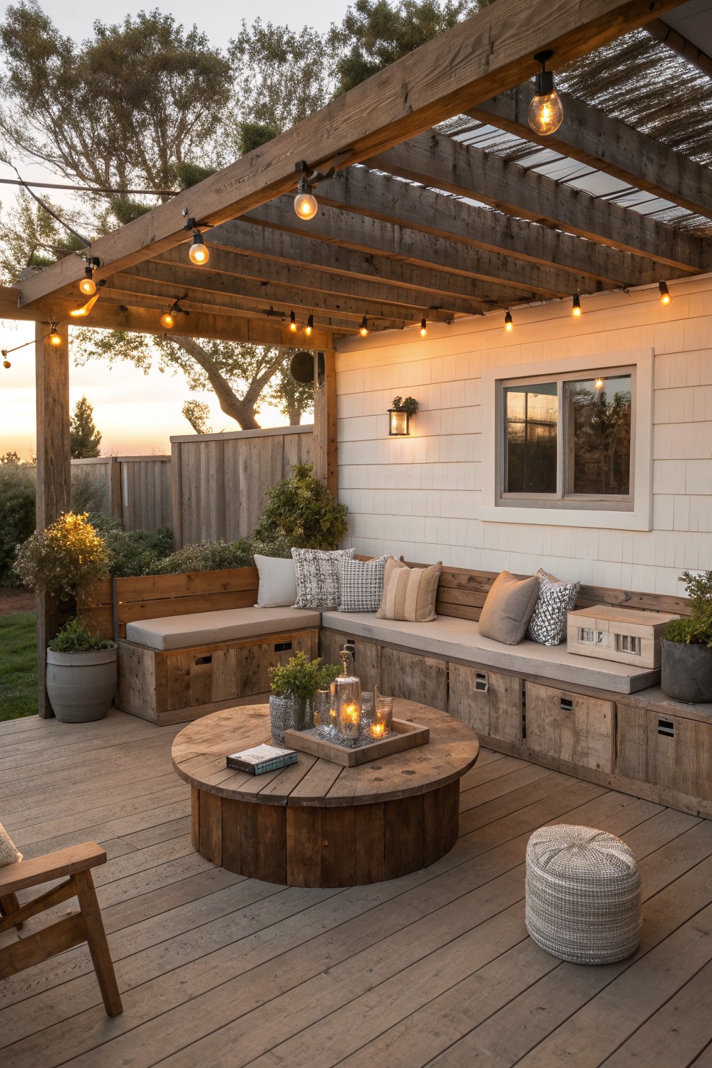 Wooden built-in benches with cushions line the wall of a deck under a pergola, with a round wooden table and string lights.
