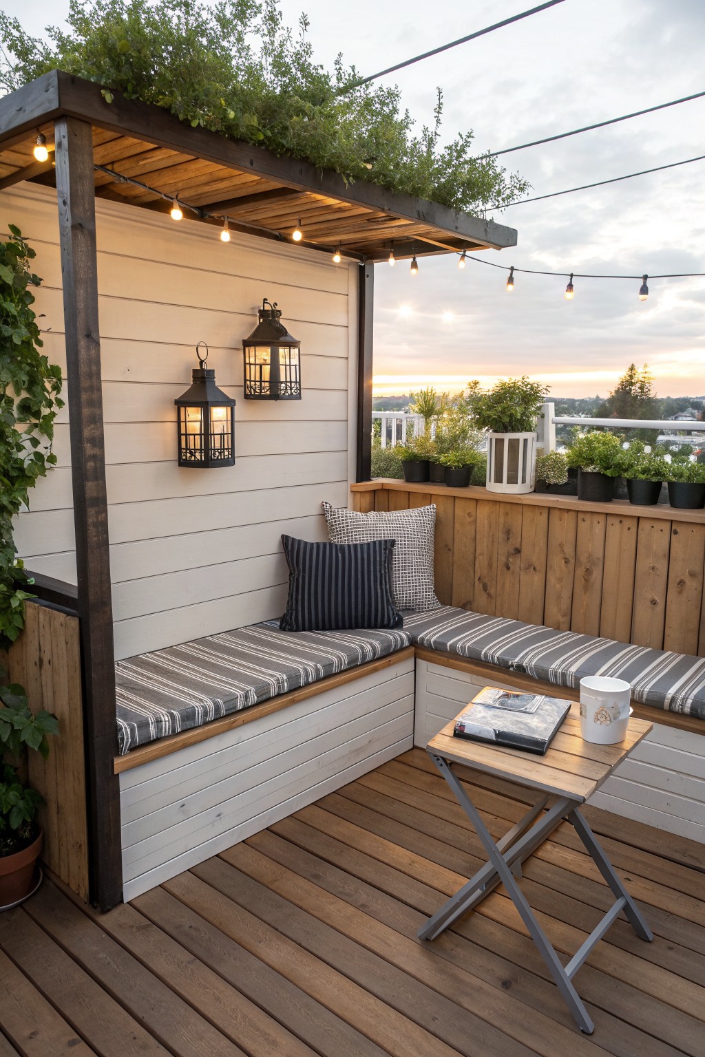 An outdoor wooden deck features L-shaped built-in benches with striped cushions, black lanterns on a white wall, string lights, potted plants, and a small folding table.