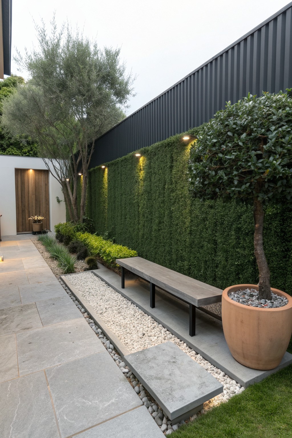 A long gray concrete bench with black legs sits beside a gravel bed and hedge wall in a modern backyard.