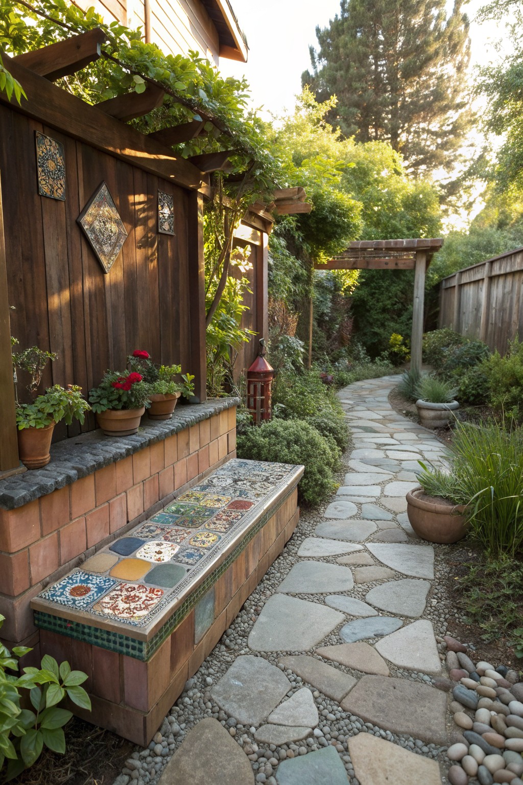 Stone pathway winds past mosaic-tiled bench, potted plants, and wooden pergola