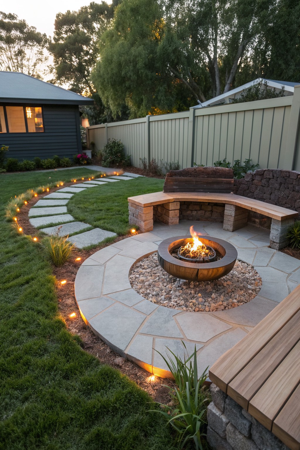 A backyard scene showing a circular metal fire pit set in gravel within a stone patio, surrounded by a curved wooden bench supported by stone pillars.