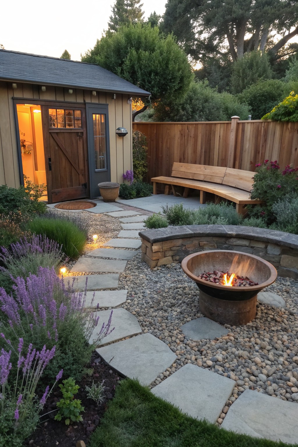 A curved wooden bench sits on a paved patio beside a round fire pit, with a gravel path, stone steps, and a shed in the background.