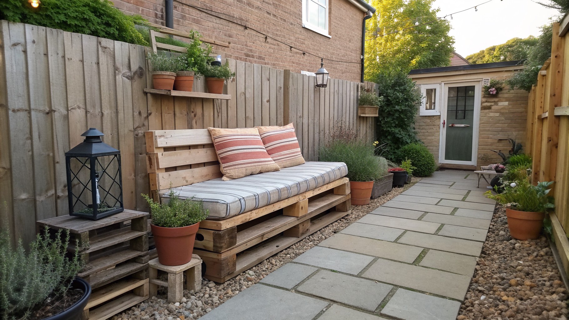 Stone pathway beside pallet bench with striped cushions, lantern and potted plants.
