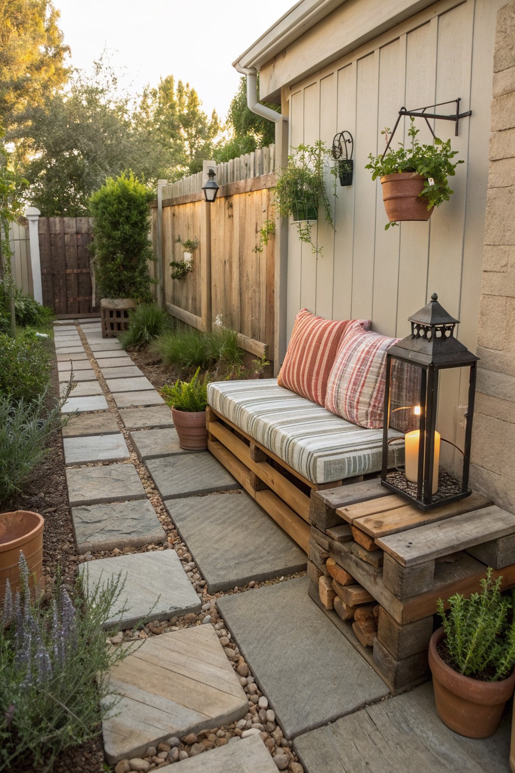 Stone pathway beside pallet bench with striped cushions, lantern and potted plants.