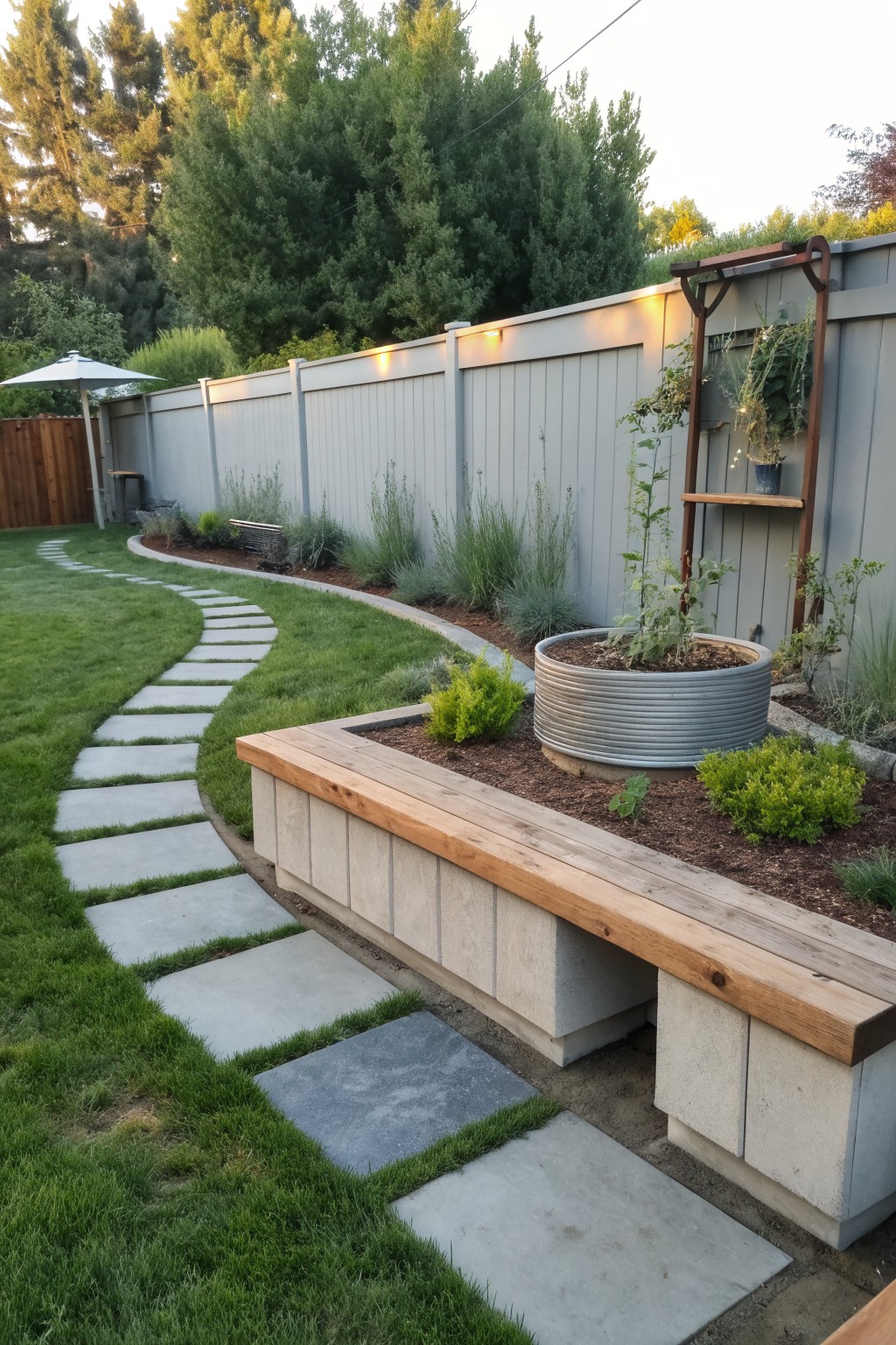 A backyard scene showing a long raised garden bed made of concrete blocks with a wooden plank top used as a bench, bordered by a curving stone path and lawn.