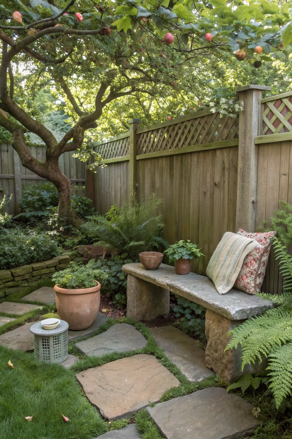 A weathered stone bench with cushions sits against a wooden fence in a garden, next to potted plants and stone paths.