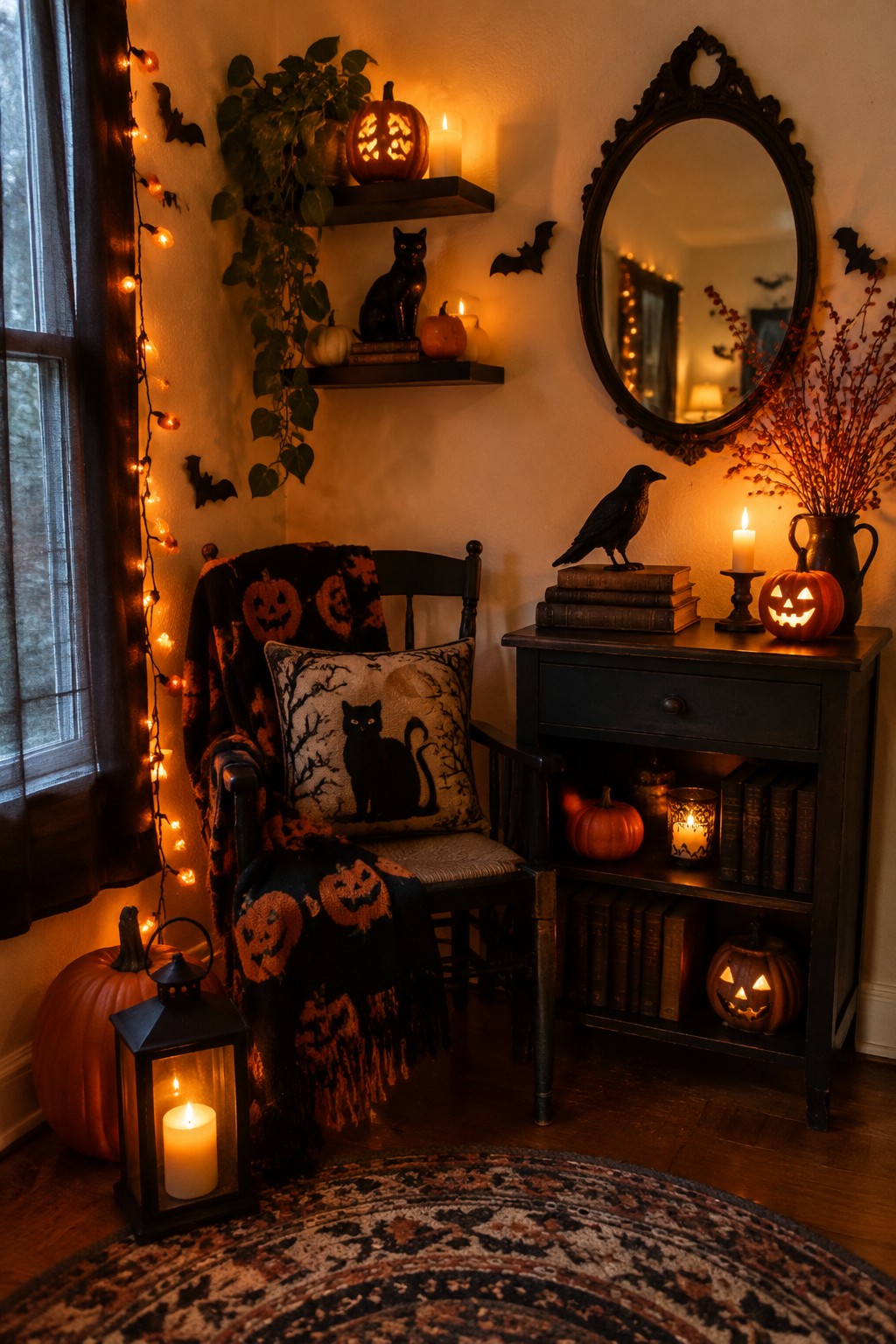 Corner seating area with black bat cutouts on the wall around floating shelves holding pumpkins and a black cat figure, plus a mirror and lit jack o' lanterns on a nearby console.