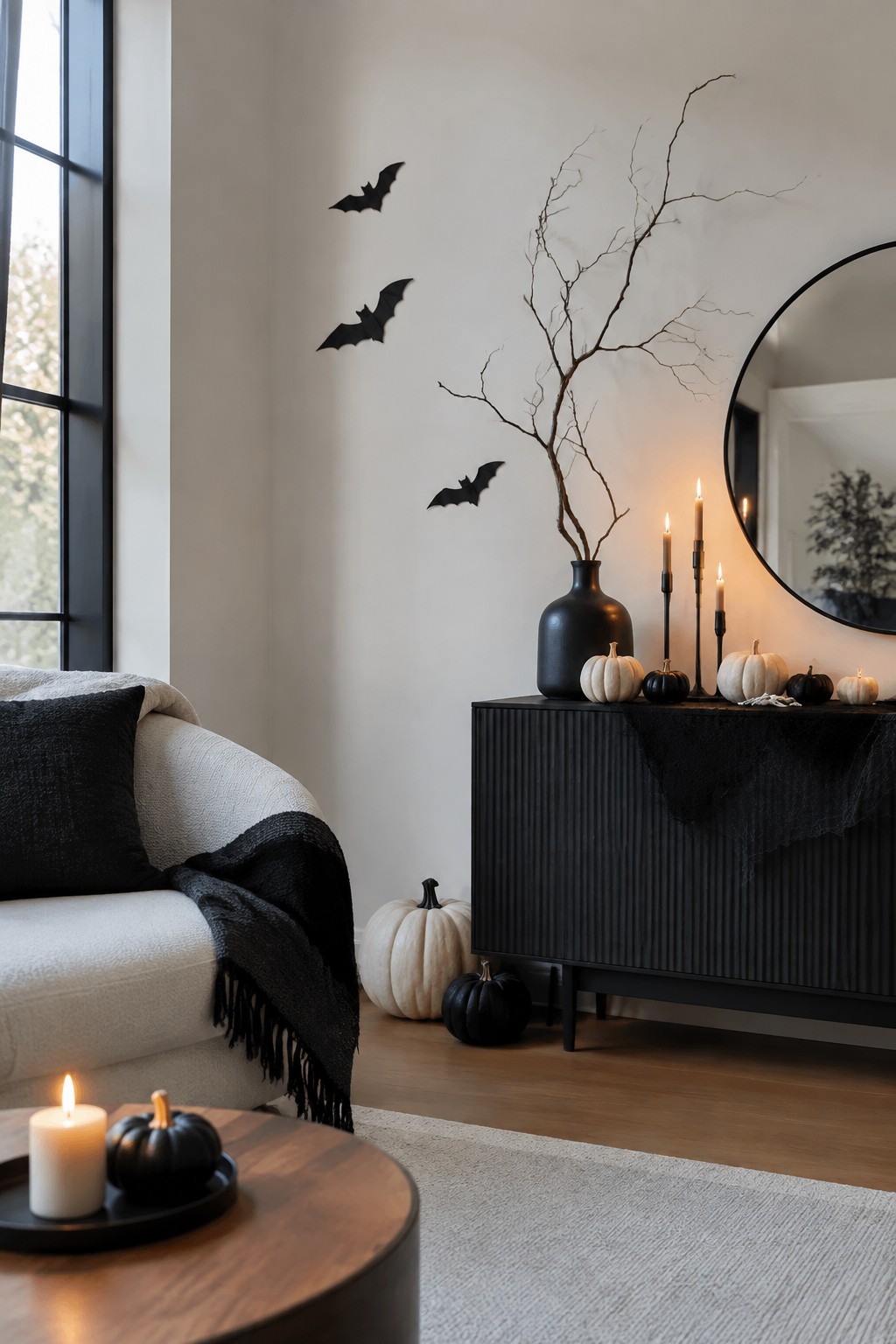 Living room console decorated with black bats on the wall, a black vase with bare branches, lit candles, and small pumpkins.