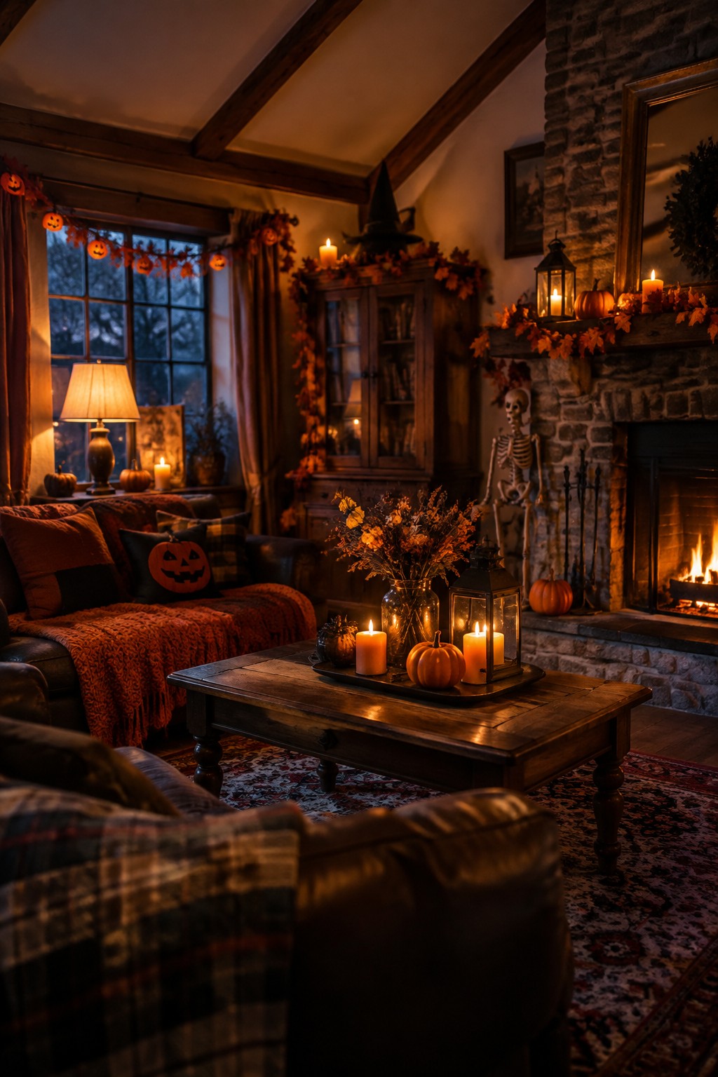 Living room fireplace mantel decorated with orange leaf garlands, pumpkins, candles, and lanterns next to a standing skeleton.