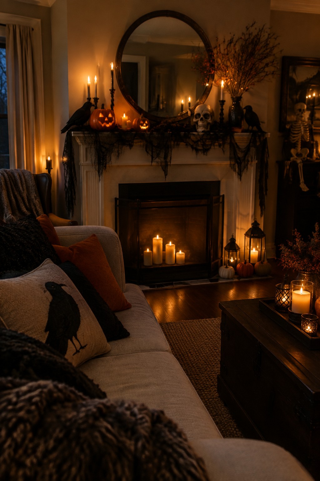 Living room fireplace mantel styled with jack-o'-lanterns, skulls, black birds, and dark garland for Halloween.