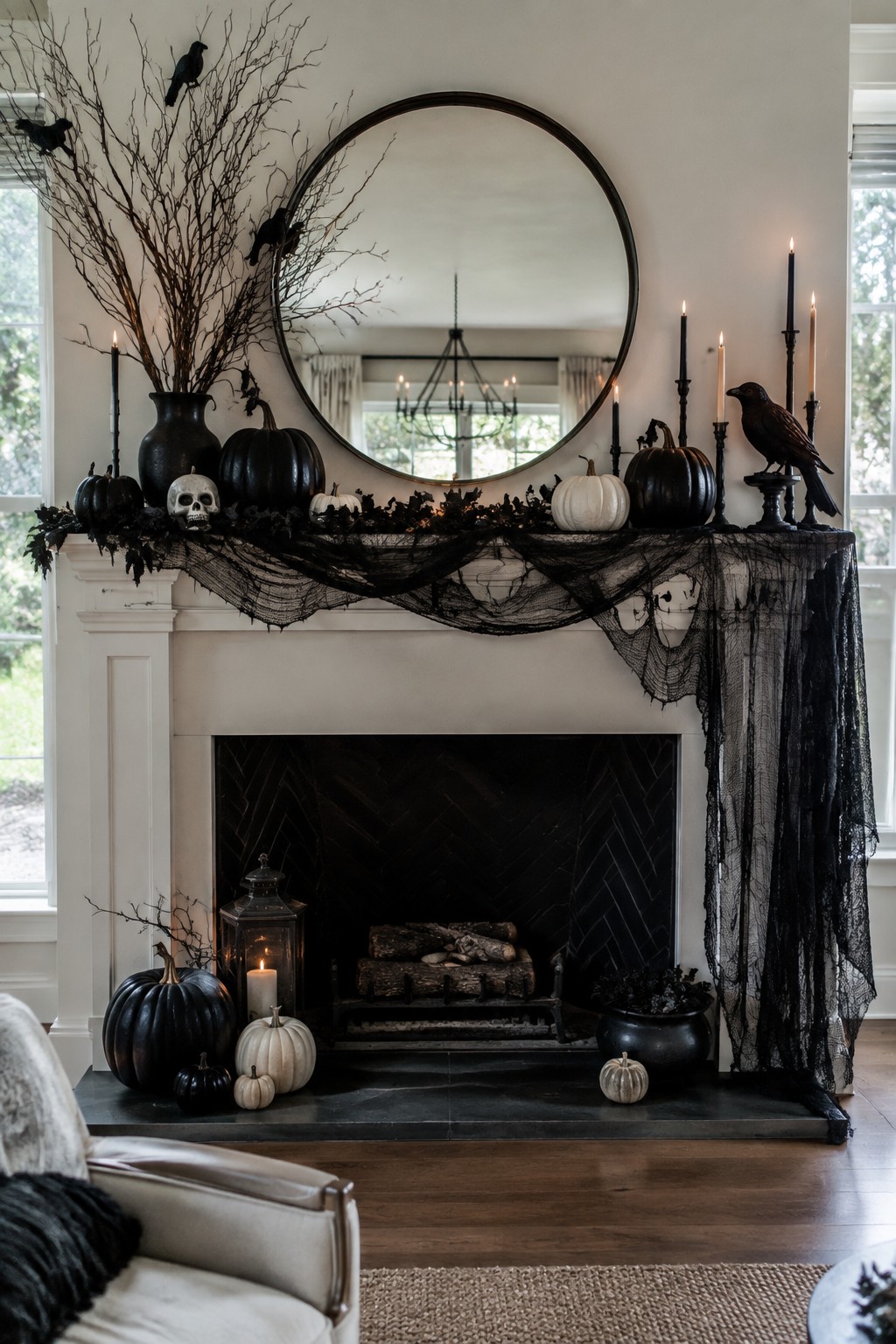 White fireplace mantel decorated with black branches, crows, pumpkins, a skull, spiderweb garland, and black candles.