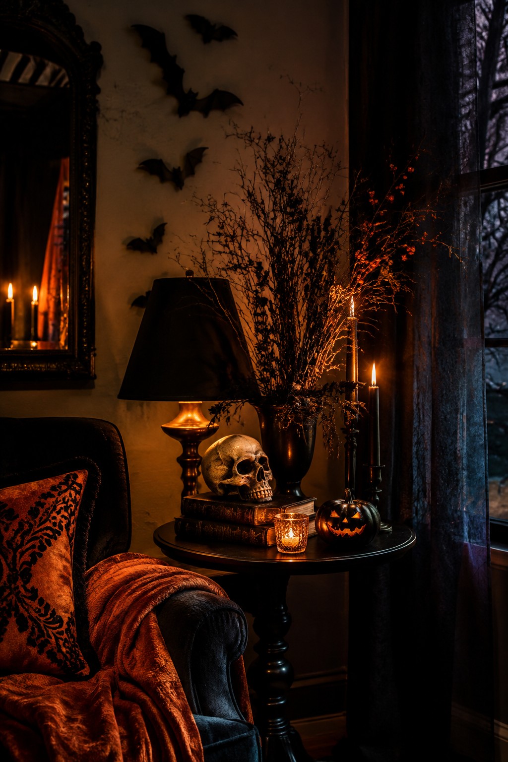 Small round table in a dark corner holding a human skull on old books, black branches in a vase, lit candles, and a carved pumpkin.