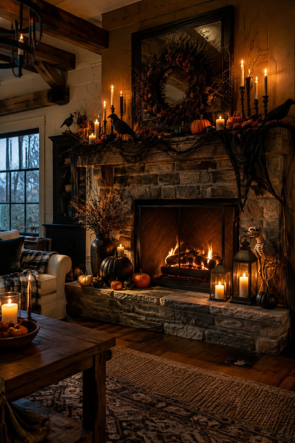 Cozy stone fireplace with burning fire, pumpkins, candles, crows, and skeleton decorations