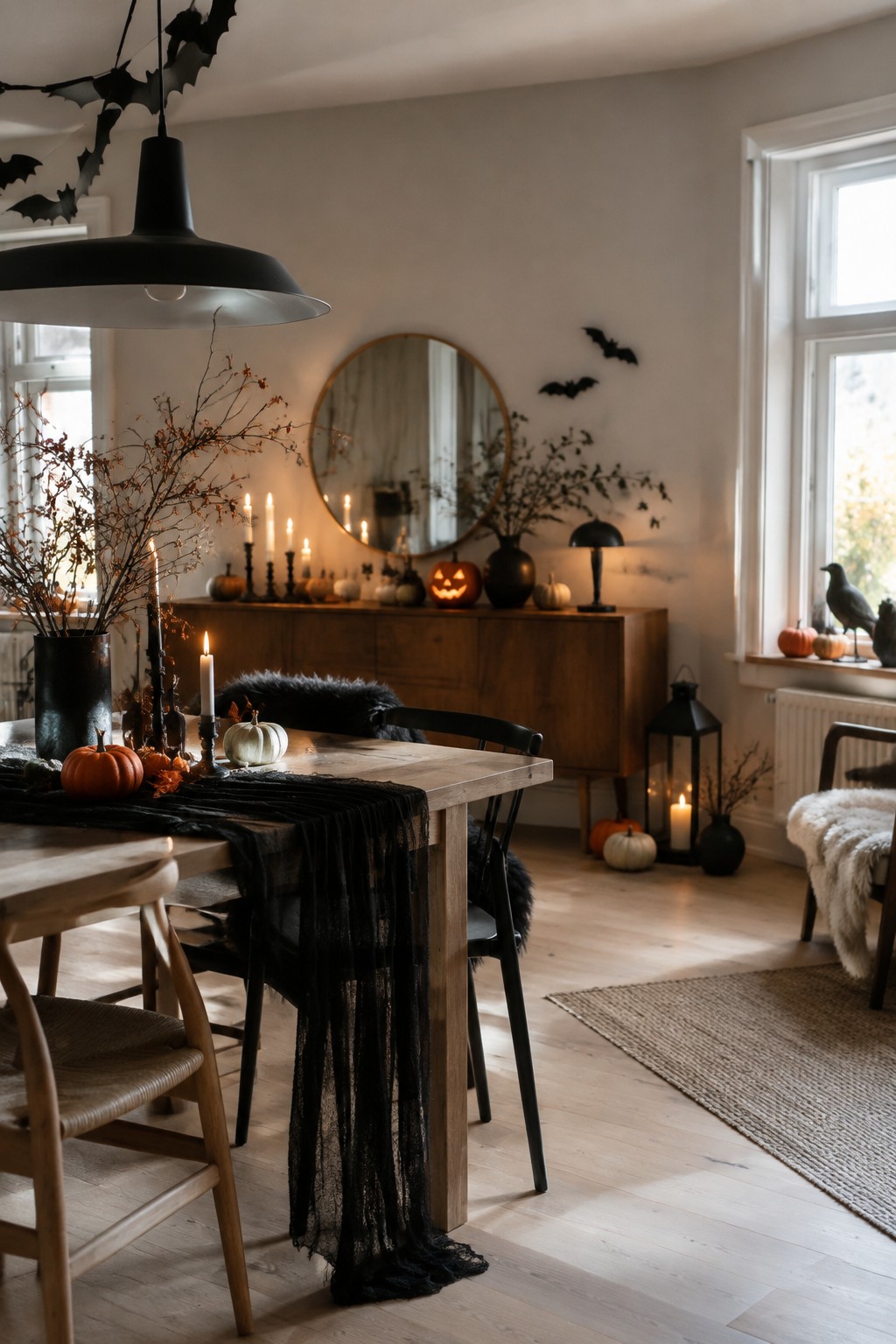 A wooden dining table styled for Halloween with a black lace runner, orange and white pumpkins, black candles, and dried branches.