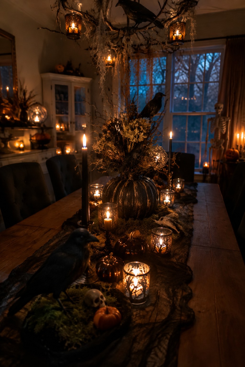 Dimly lit Halloween table with ravens, pumpkins, candles, moss, and skeleton decor