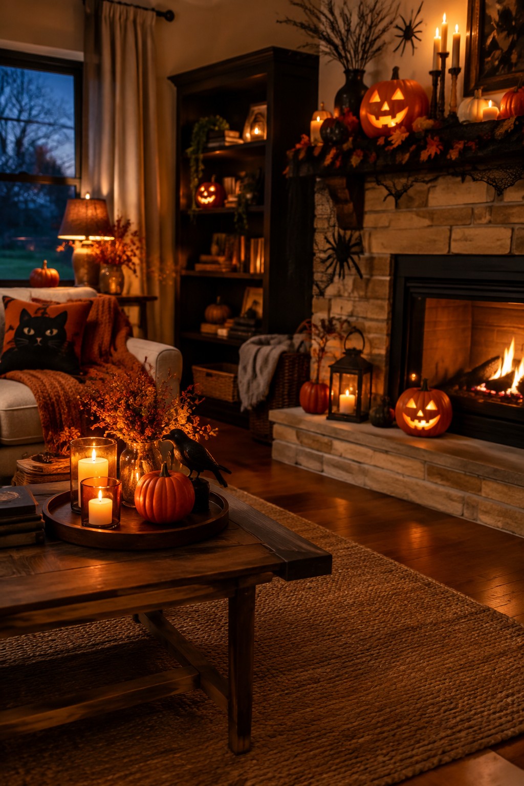 Living room mantel lined with glowing jack-o'-lanterns, black spiders, and candles above a lit fireplace.
