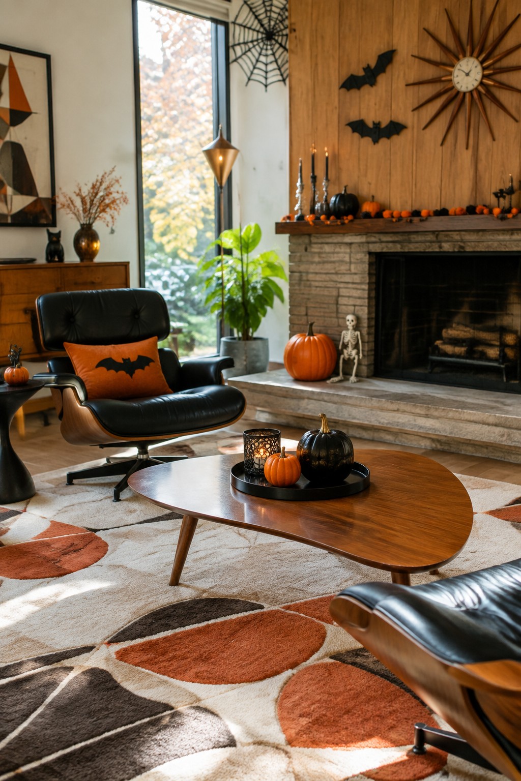 Living room mantel with black bats mounted on the wood wall above, pumpkins, candles, and a small skeleton on the hearth.