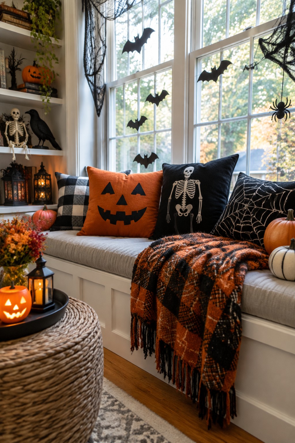 A window seat with multiple black paper bats hanging in front of the glass, an orange jack o lantern pillow, a black skeleton pillow, and a spider decoration on the right.