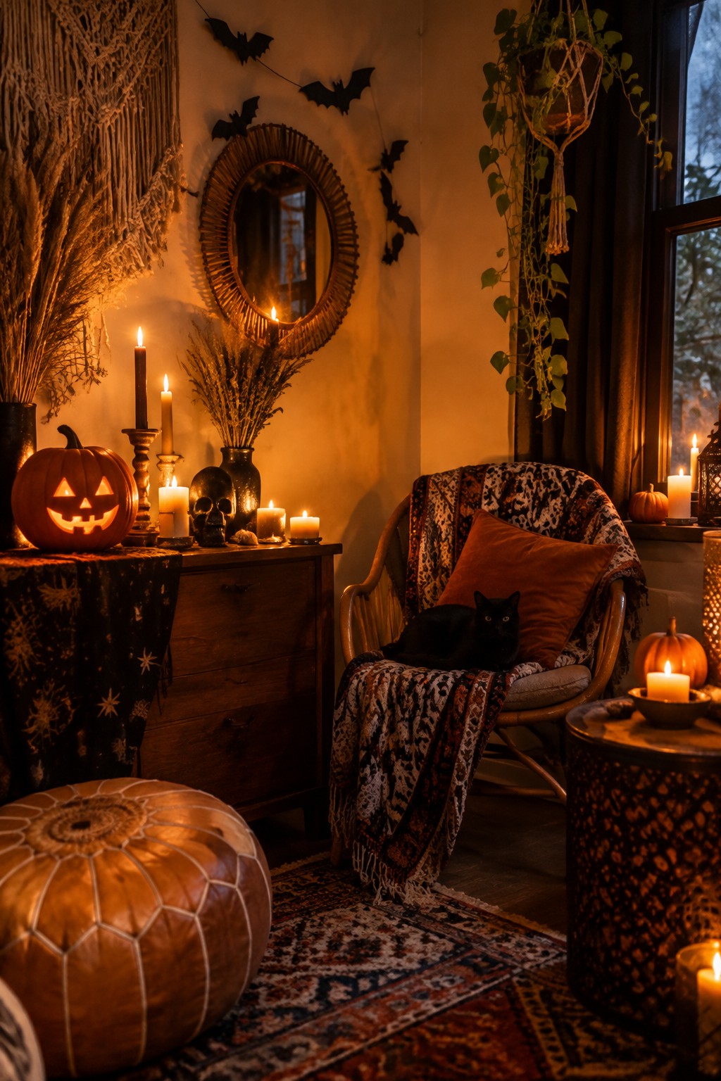 A living room corner with black bat cutouts arranged on the wall around a round mirror, a carved jack-o'-lantern on a wooden dresser, and a black cat in a nearby chair.