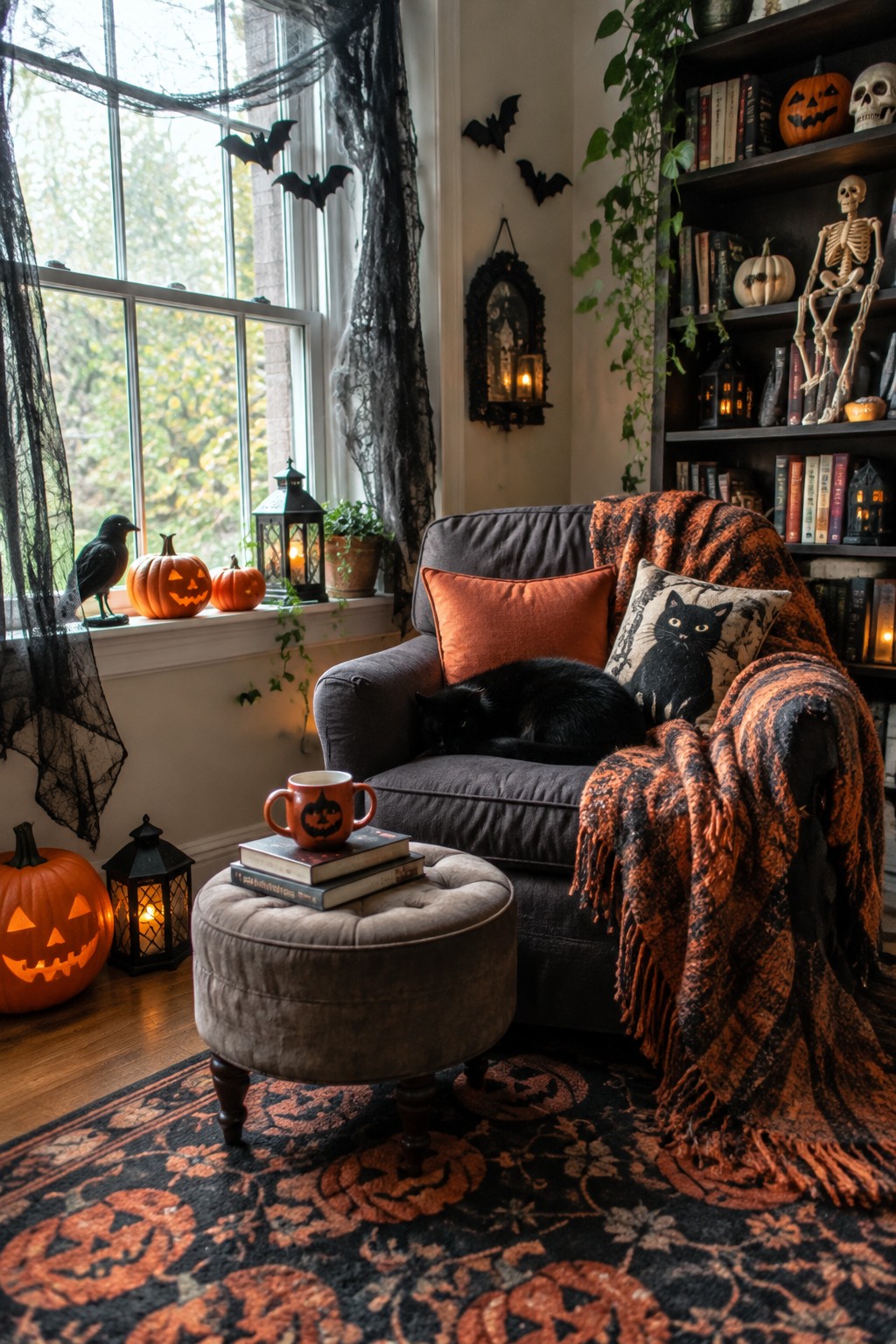 Living room window area decorated with black bats on the wall and curtains, carved pumpkins on the sill, and a black cat pillow on a nearby armchair.