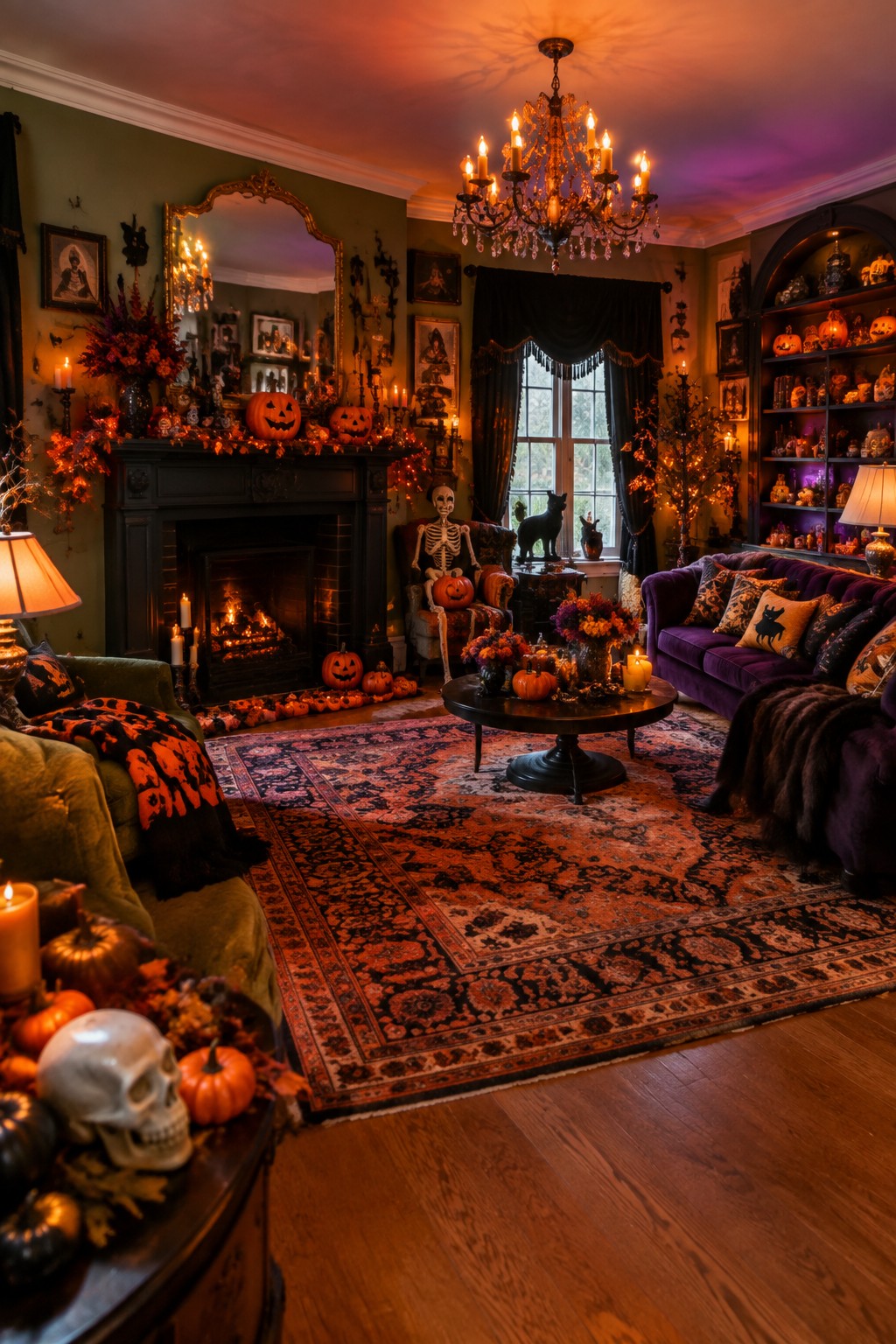 Living room featuring a skeleton seated in an armchair holding a pumpkin, with carved jack o' lanterns arranged on the mantel and floor nearby.