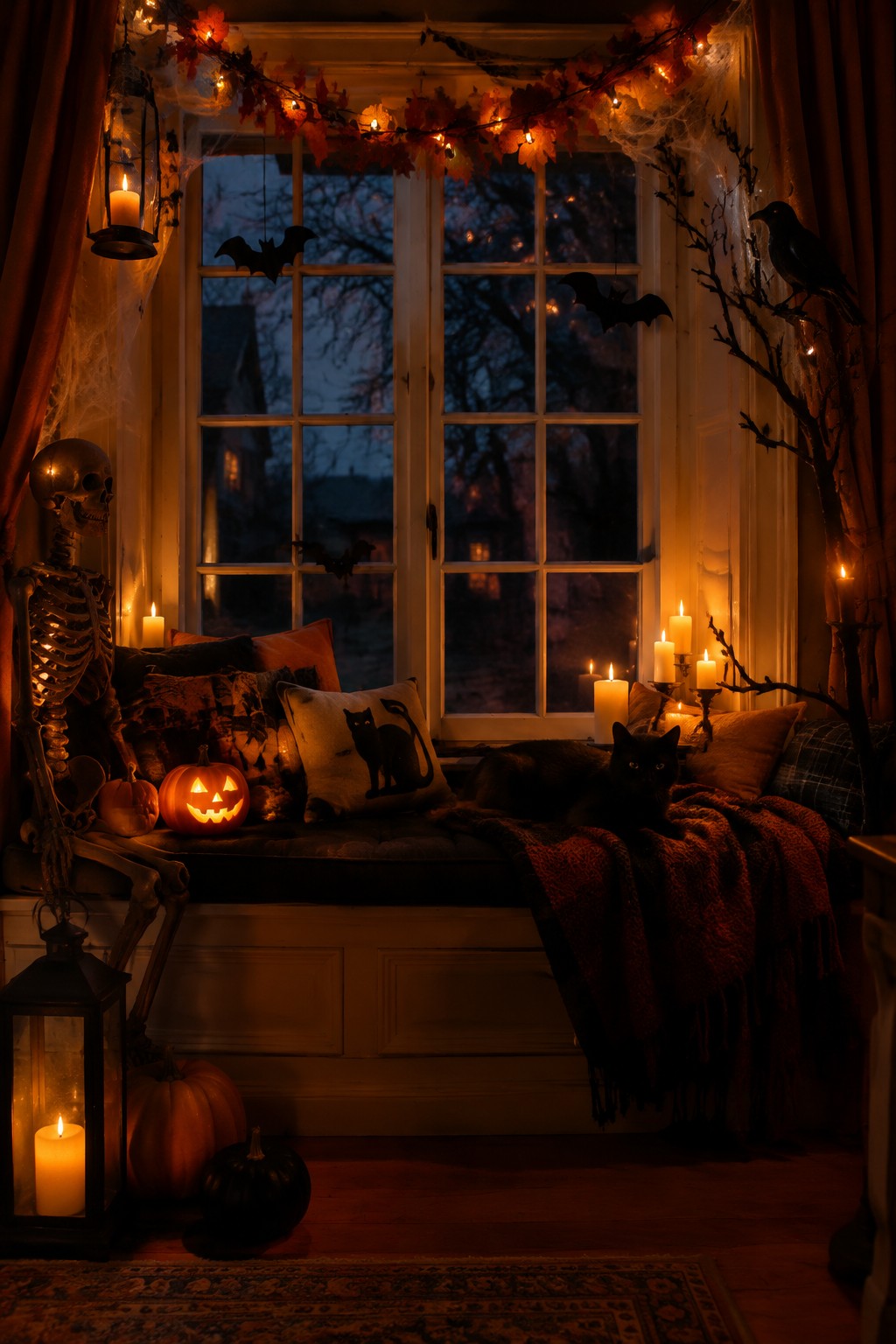 Halloween window seat with skeleton, black cat, pumpkins, candles, and bat decorations