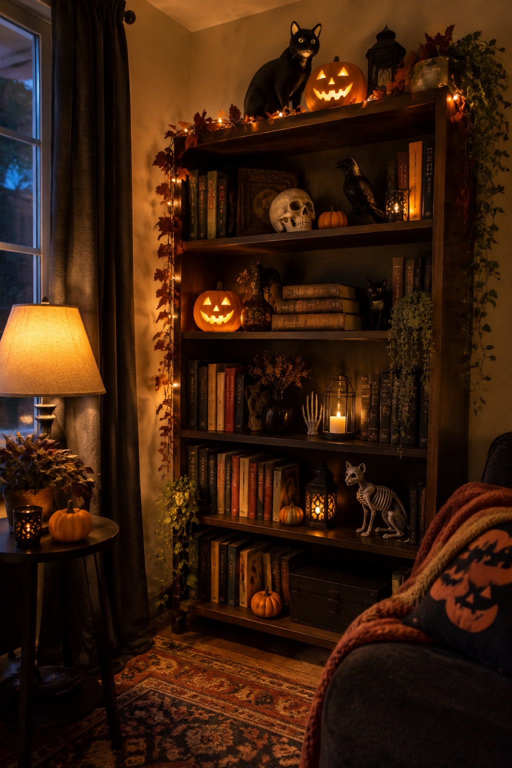 A wooden bookshelf filled with books and decorated with glowing jack-o'-lanterns, skulls, black cats, and small lanterns.
