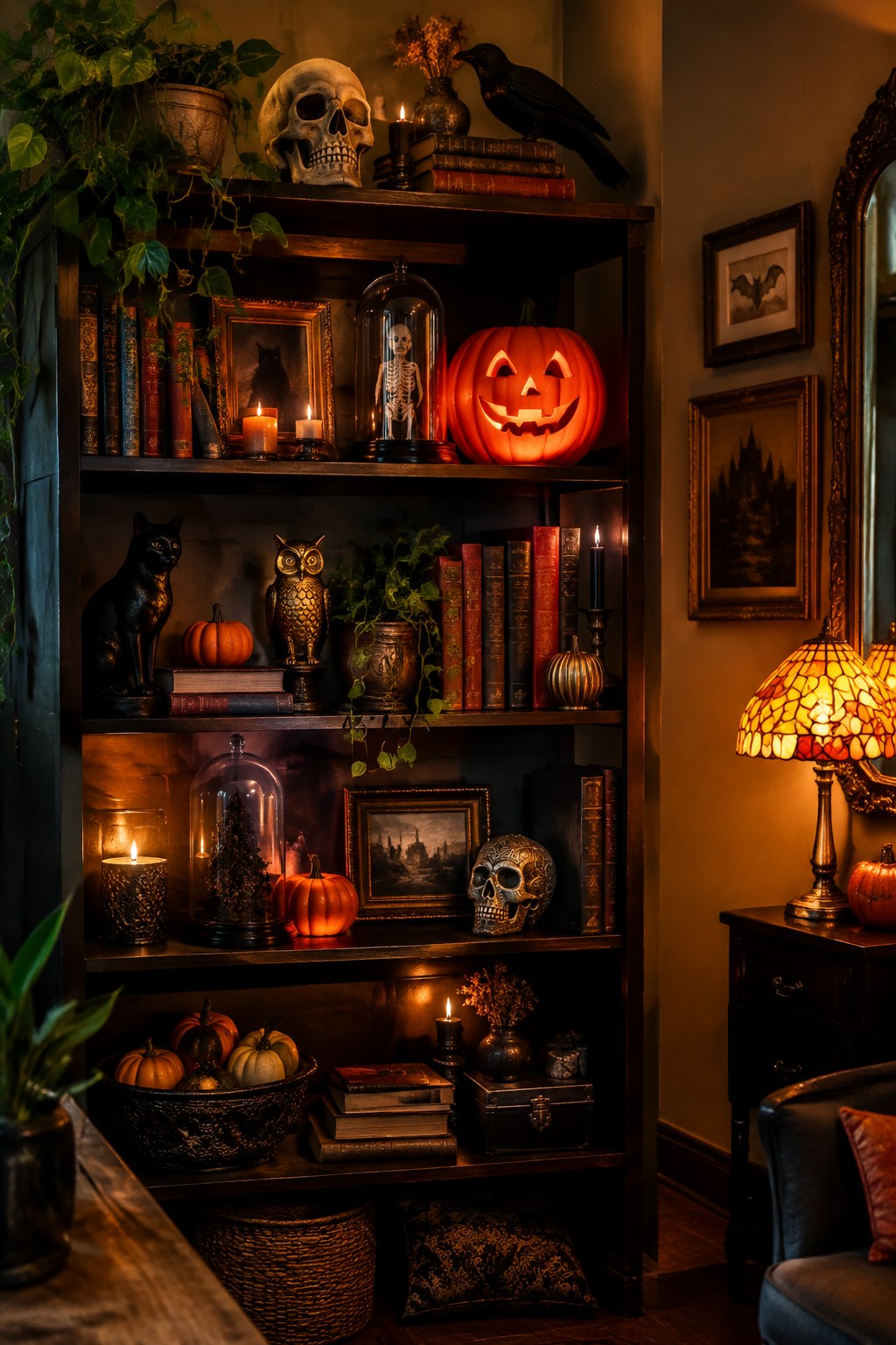 A tall wooden bookshelf styled with multiple skulls, a lit jack o lantern, skeletons under glass cloches, a black cat statue, and candles for a Halloween display.