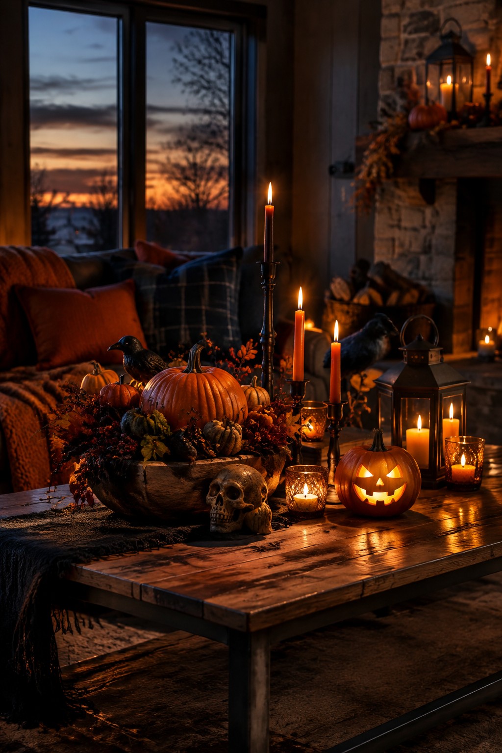 Coffee table with carved jack-o'-lantern, skull, crows, and lit candles arranged in a wooden bowl inside a living room.